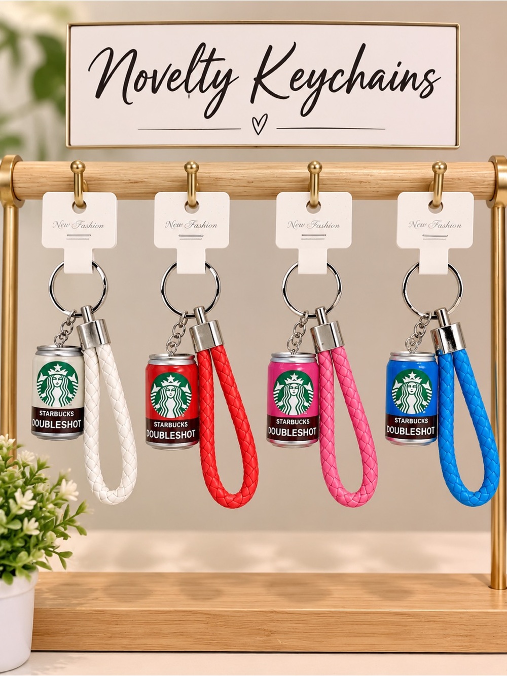 4 Piece Novelty Keychains with Braided Loop - White, Red, Pink, Blue - NWOT